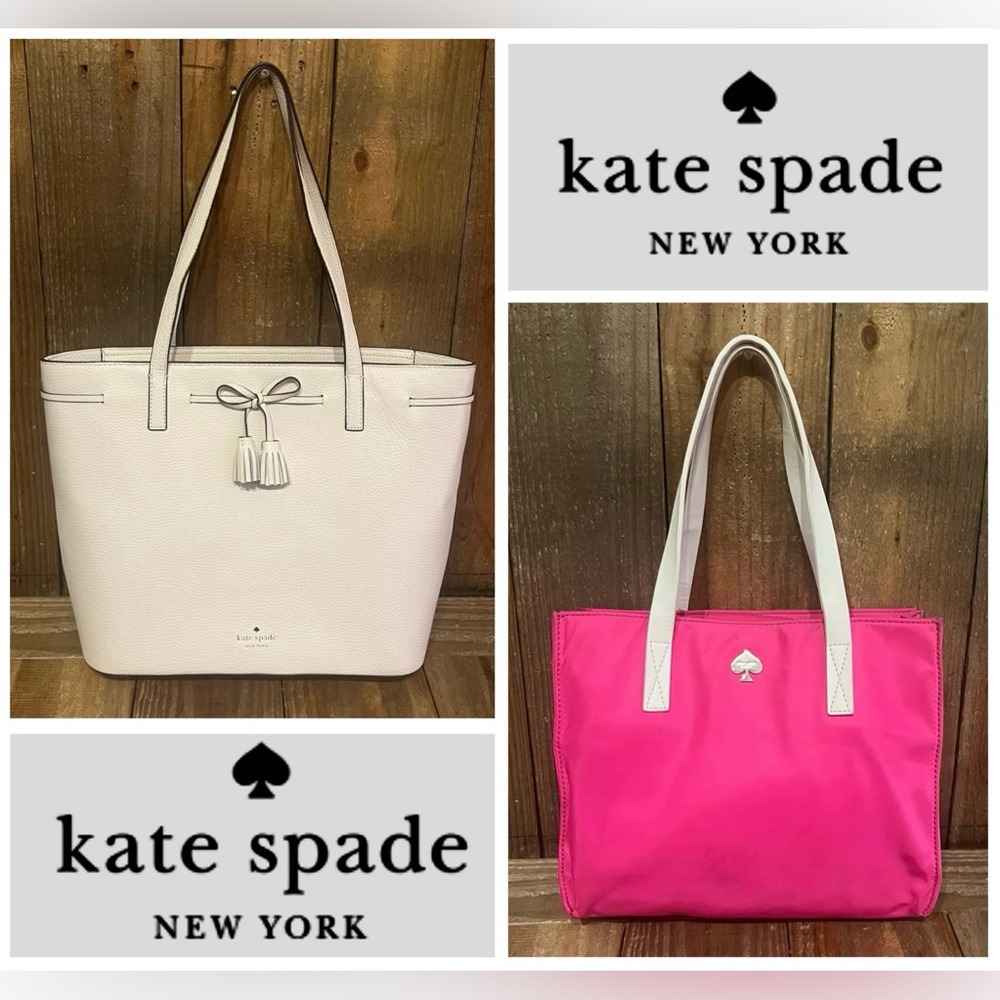 Kate Spade. Set of 2: White Leather Hayes Tote and Pink Nylon Elise Tote.